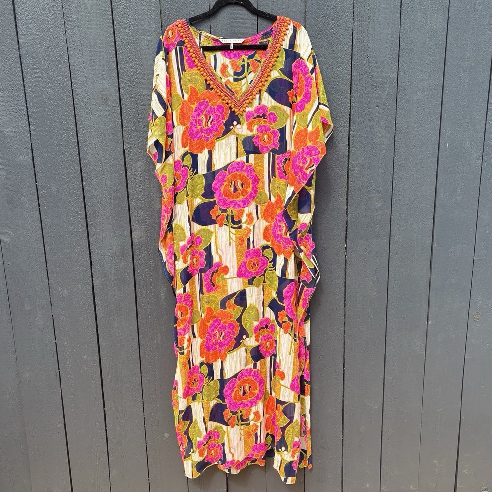 Trina Turk Theodora Silk Maxi Kaftan Dress One Size Boho Resort Beaded Floral